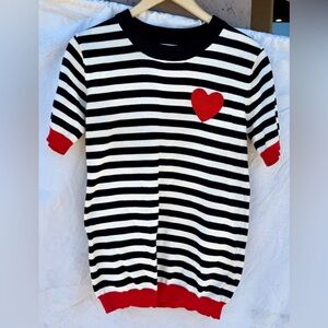 Oxknit Striped Black and White Sweater with Red Heart - Size M